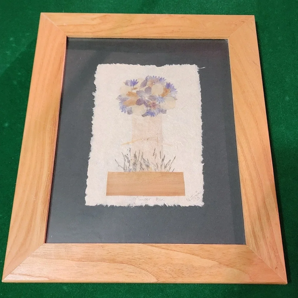 Vintage 1993 Madagascar Pressed Flower Art Handmade Paper Oak Frame Flower Box